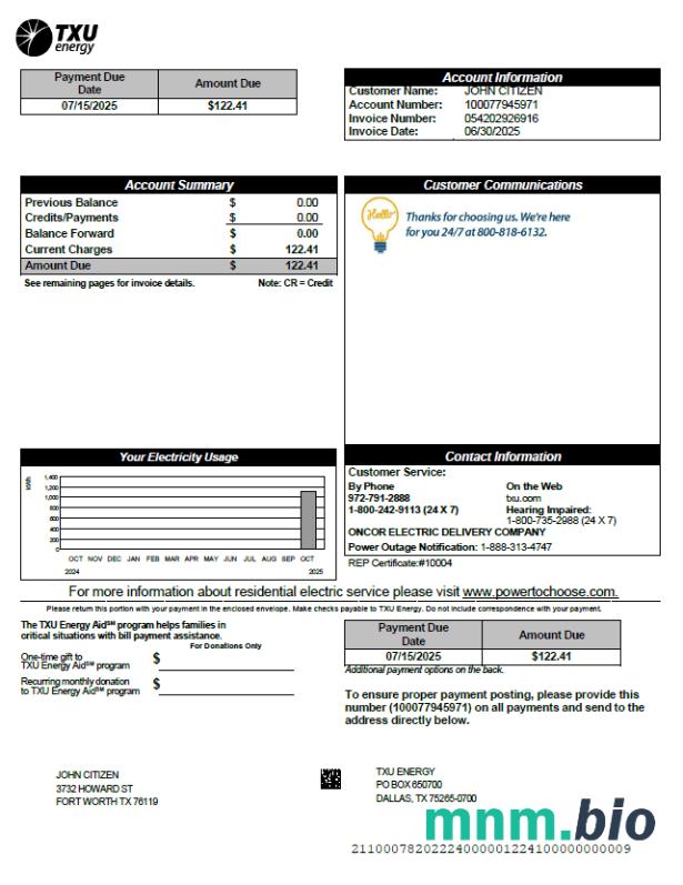 Szablon rachunku za media energetyczne USA TXU w formatach Word i PDF, Wersja 2